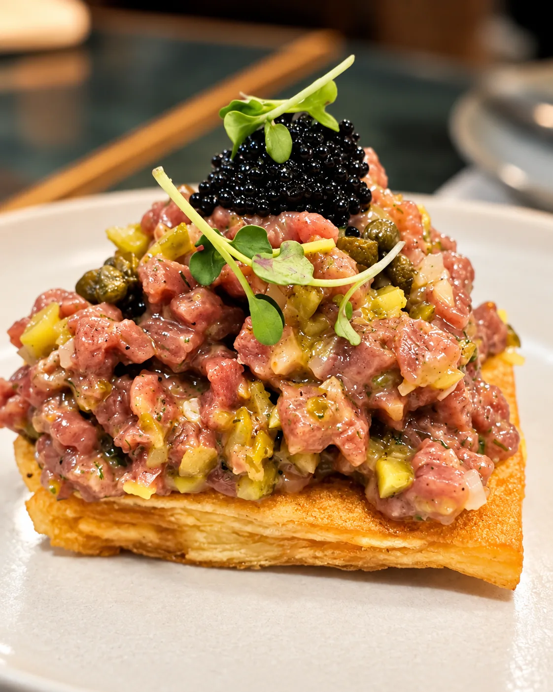 Tartar sobre hojaldre con alcaparras y brotes