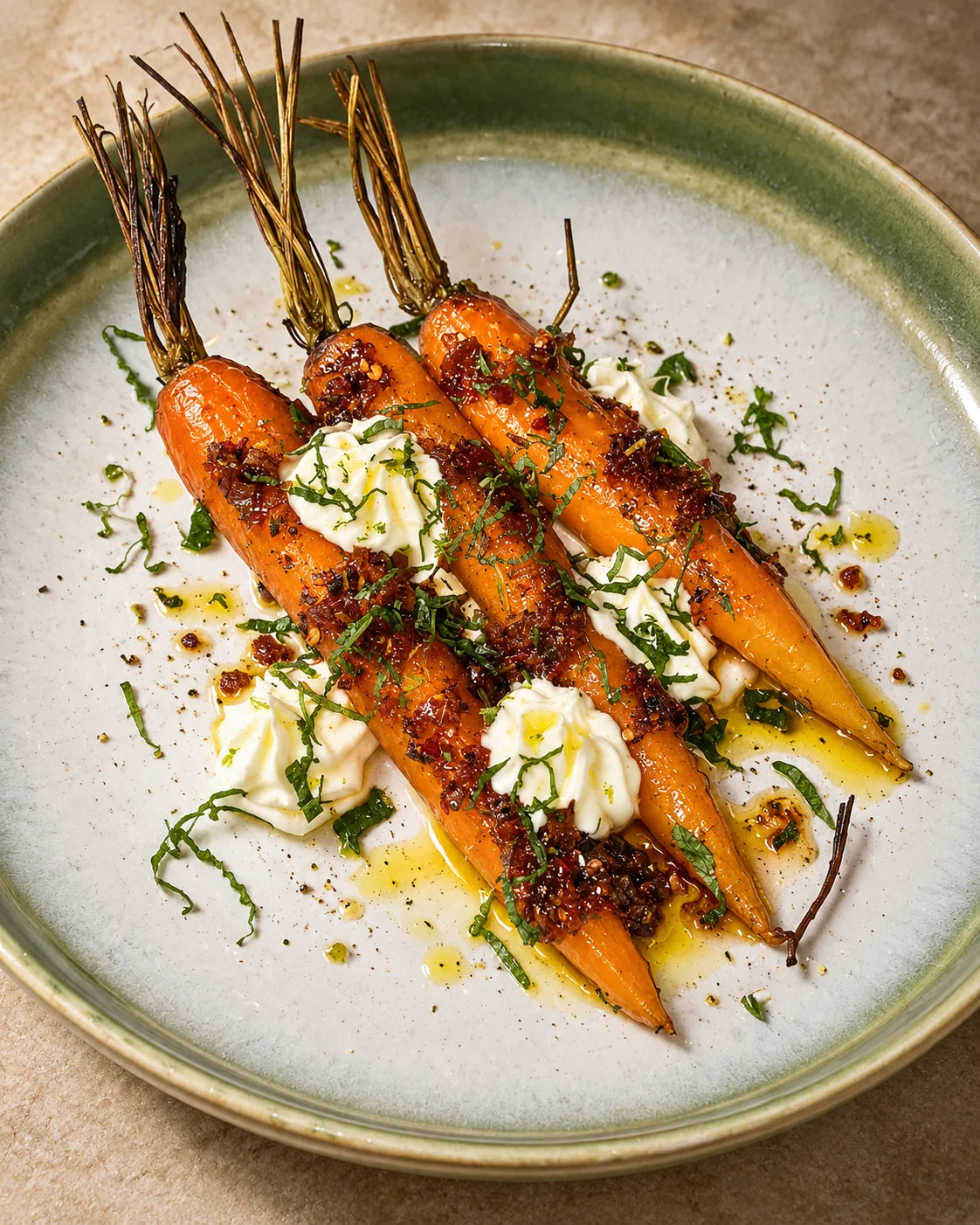 Zanahorias asadas con crema y hierbas