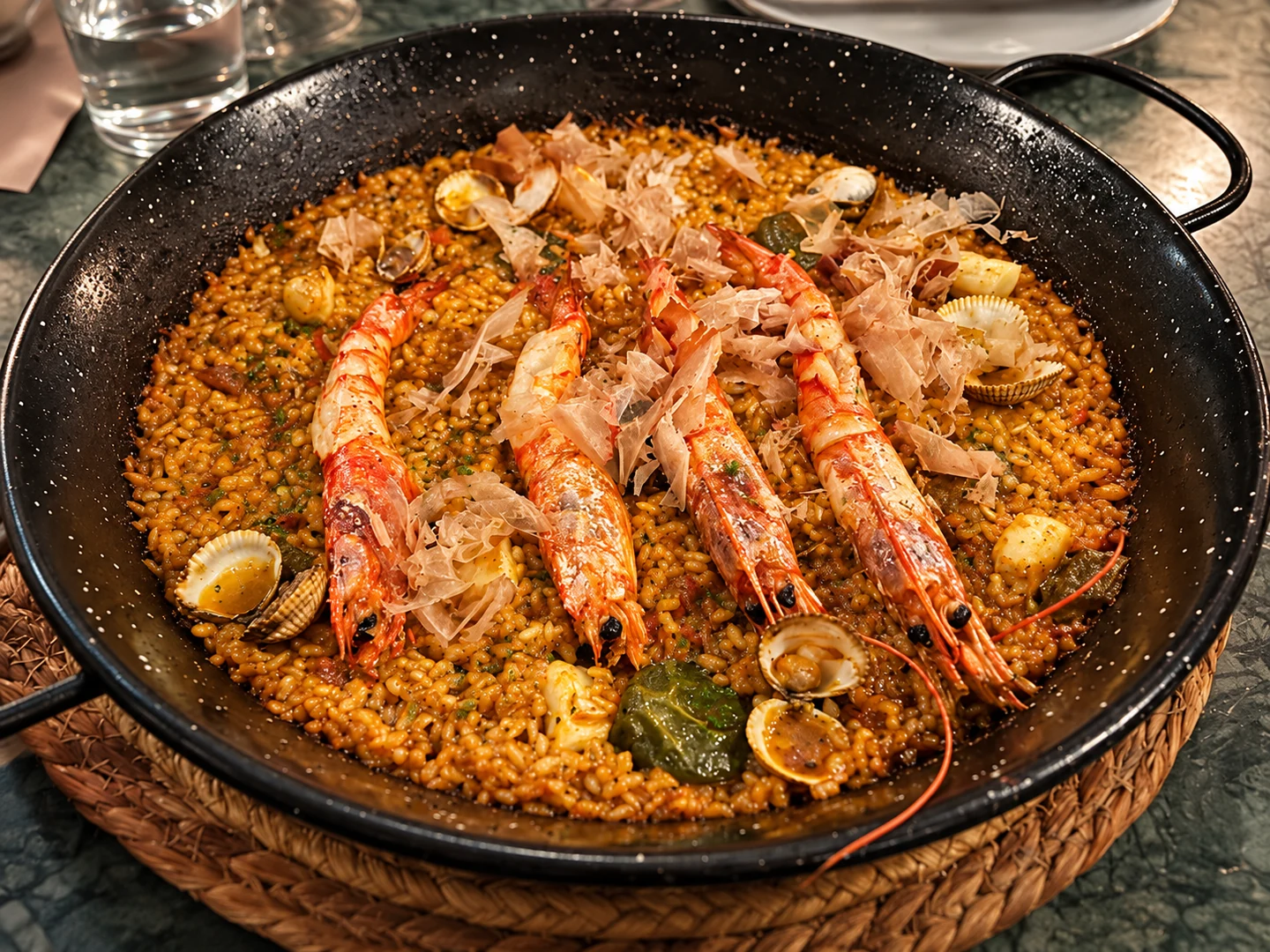 Paella de marisco con gambas, berberechos, calamar y katsuobushi