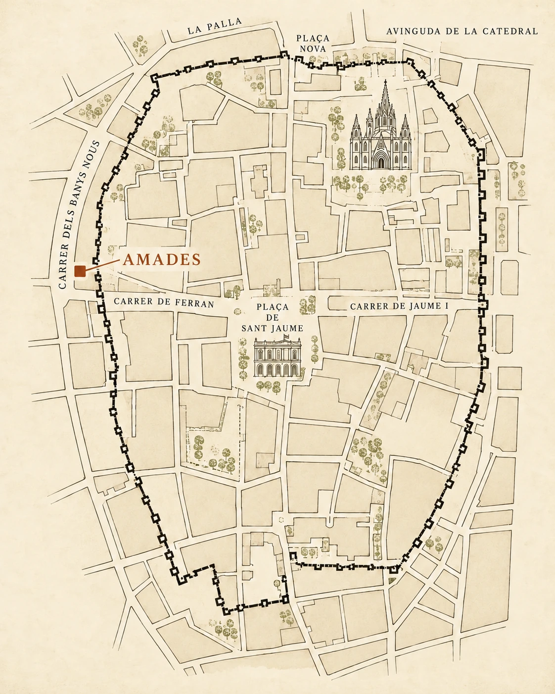 Mapa de estilo antiguo del Barrio Gótico con el trazado de la muralla romana, la catedral, la plaza de Sant Jaume y el Carrer dels Banys Nous, con AMADES señalado en su lado oeste
