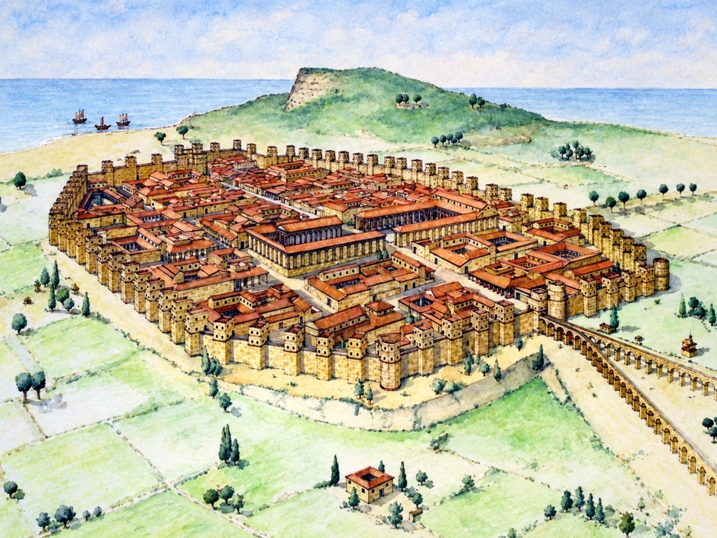 Ilustración en acuarela de la Barcino romana: una pequeña ciudad amurallada de tejados rojos junto al mar, con un acueducto, campos de cultivo y una colina al fondo