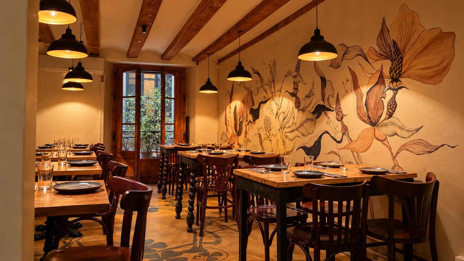 El comedor de arriba bajo vigas de madera, con un gran mural botánico, lámparas negras colgantes y mesas de madera