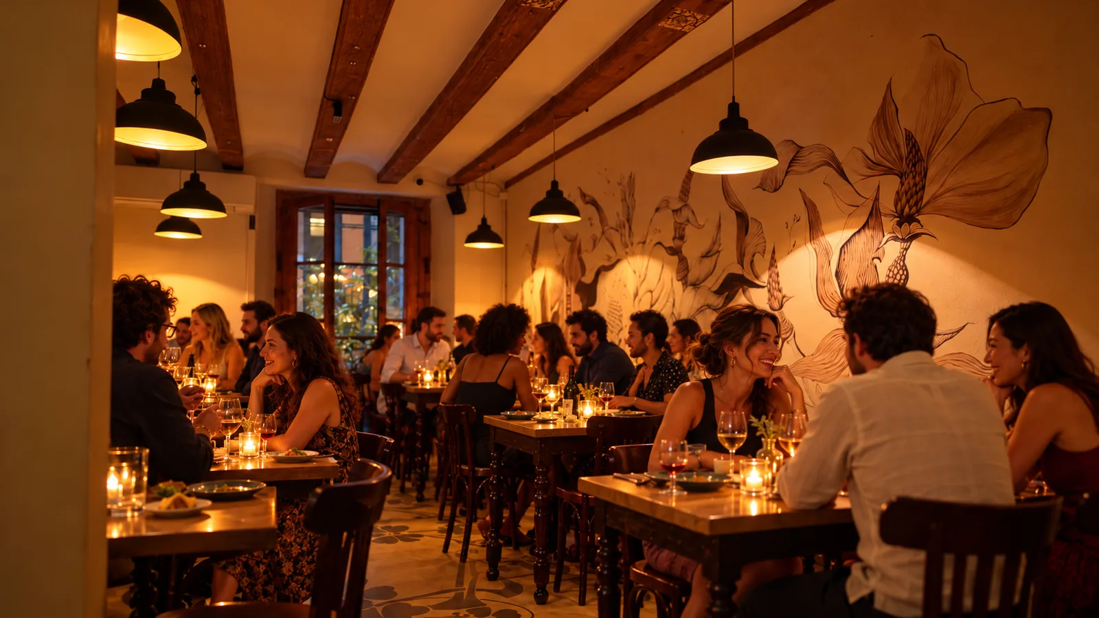 El comedor de arriba, con vigas de madera, lámparas colgantes y un mural floral